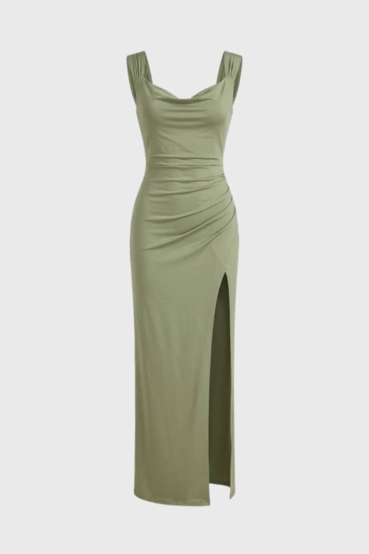 Maxi Dress Women - Ruched Cowl Neck with Side Split | Elegant