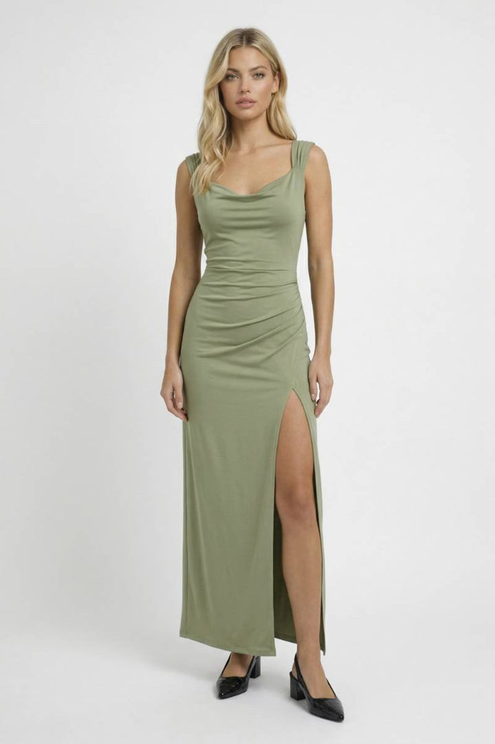 Maxi Dress Women - Ruched Cowl Neck with Side Split | Elegant