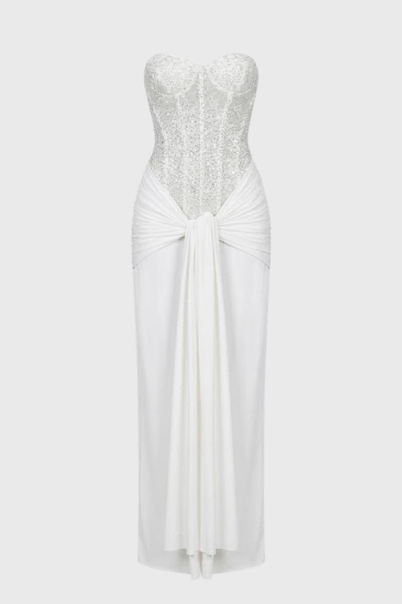 Maxi Dress Women - Sequin Strapless with Knotted Waist | Elegant - White