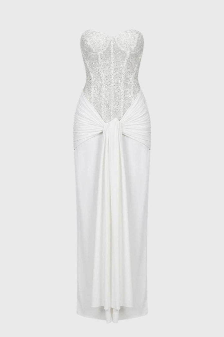 Maxi Dress Women - Sequin Strapless with Knotted Waist | Elegant - White
