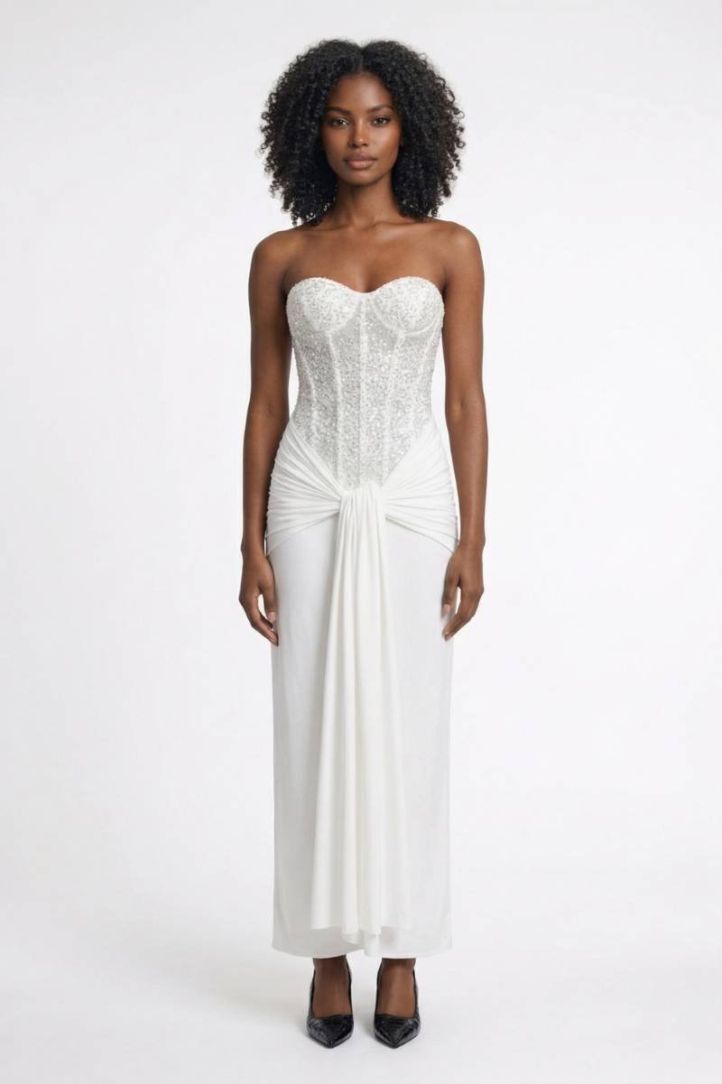 Maxi Dress Women - Sequin Strapless with Knotted Waist | Elegant - White