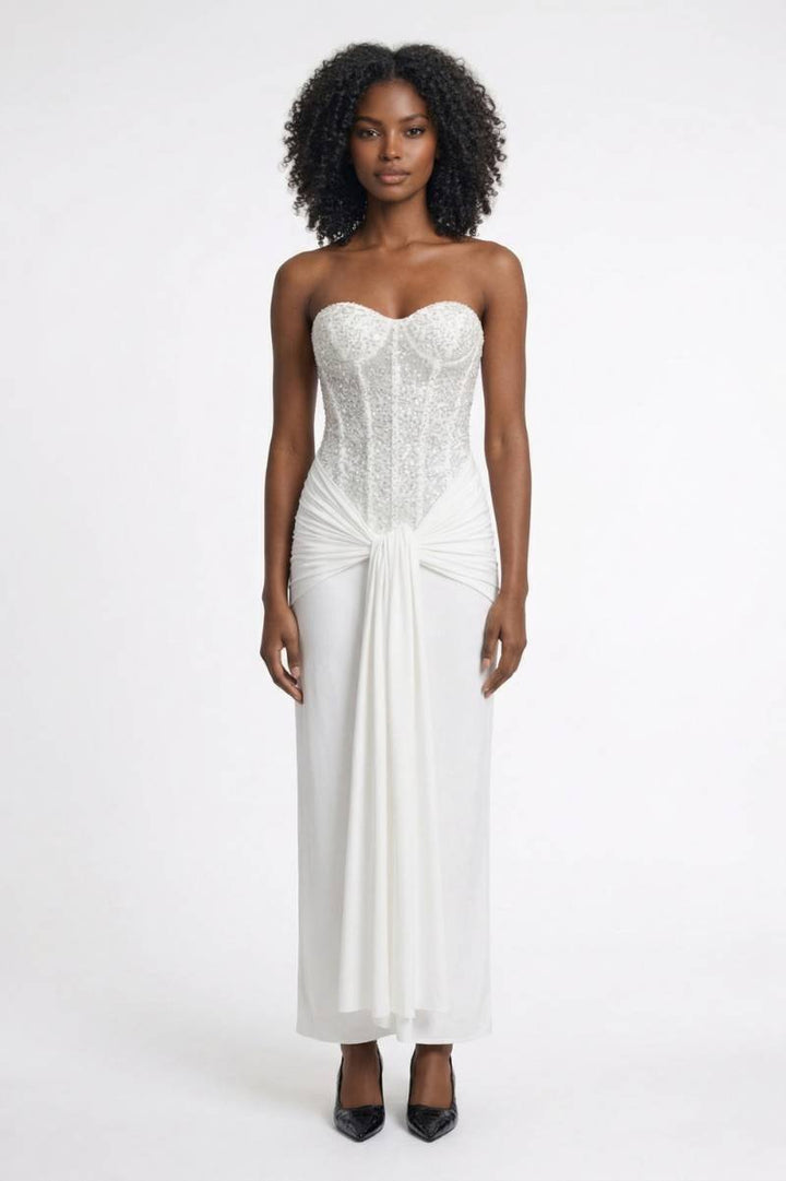 Maxi Dress Women - Sequin Strapless with Knotted Waist | Elegant - White