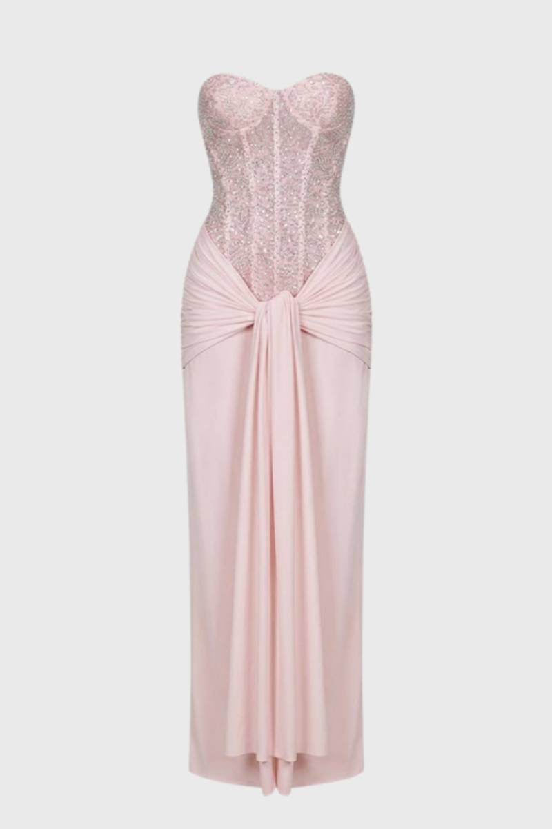 Maxi Dress Women - Sequin Strapless with Knotted Waist | Elegant - Pink
