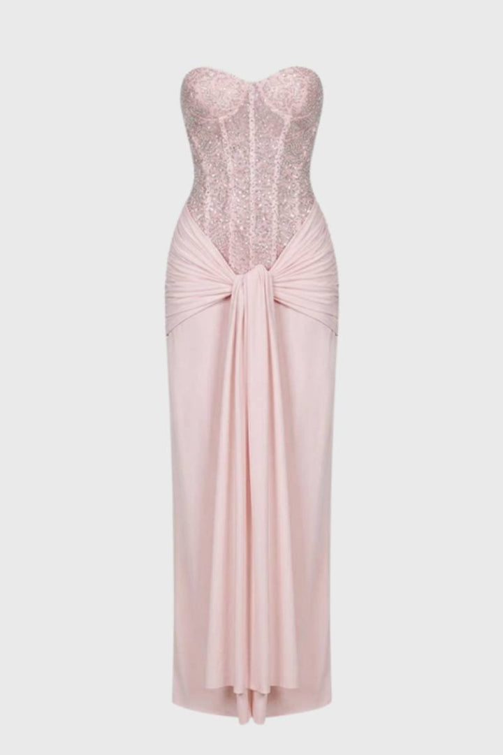 Maxi Dress Women - Sequin Strapless with Knotted Waist | Elegant - Pink