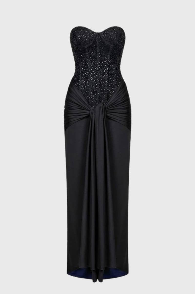 Maxi Dress Women - Sequin Strapless with Knotted Waist | Elegant - Black
