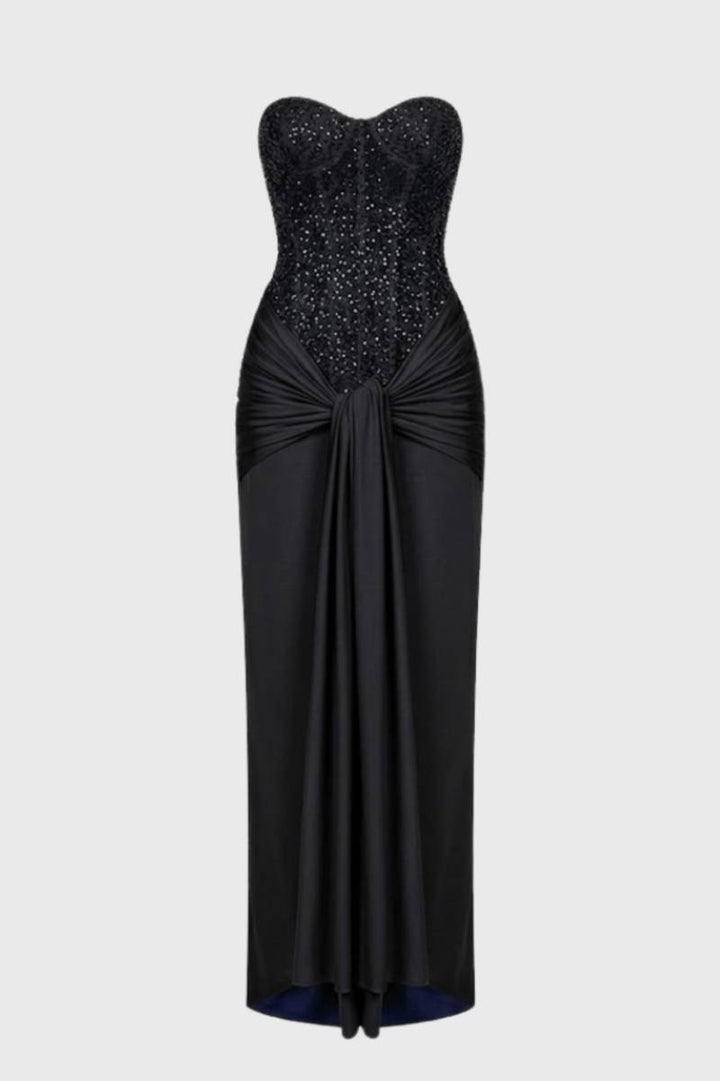Maxi Dress Women - Sequin Strapless with Knotted Waist | Elegant - Black