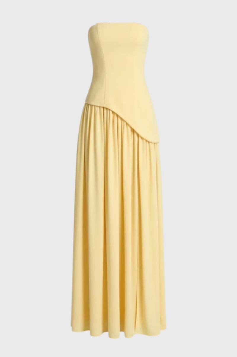 Maxi Dress Women - Strapless Asymmetric Drape | Elegant - Yellow