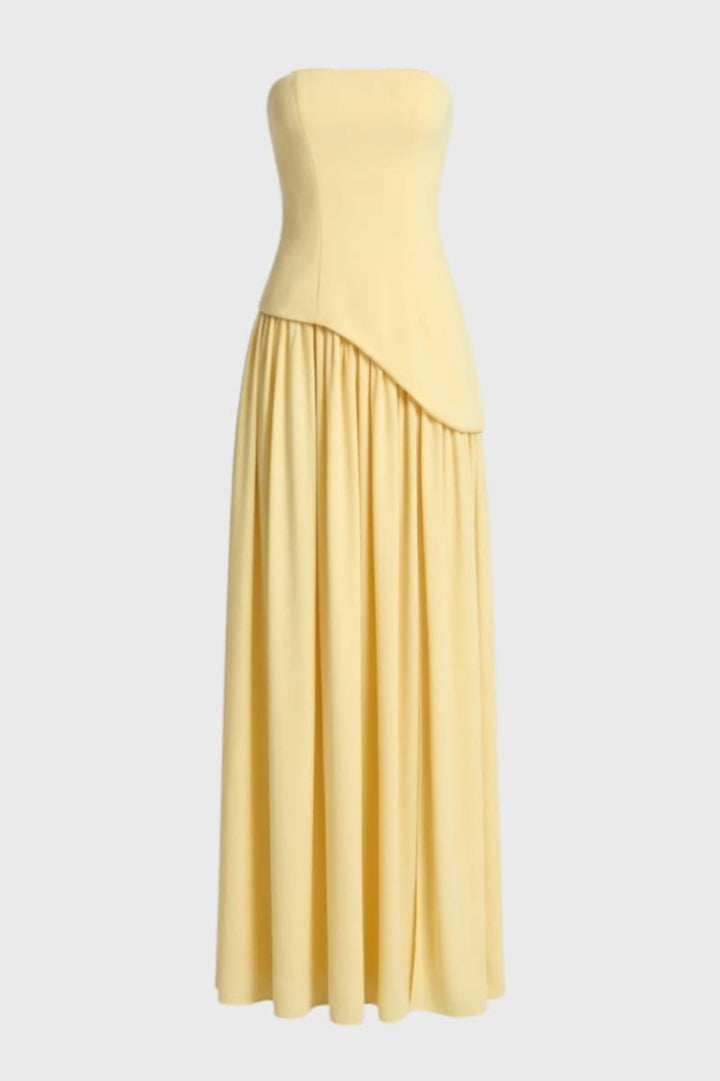 Maxi Dress Women - Strapless Asymmetric Drape | Elegant - Yellow