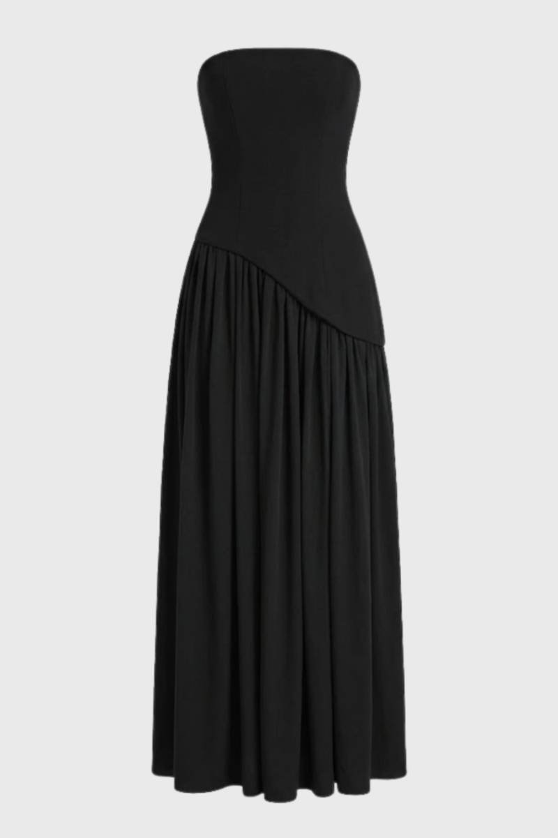 Maxi Dress Women - Strapless Asymmetric Drape | Elegant - Black