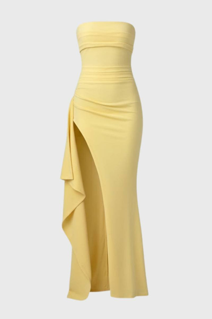 Maxi Dress Women - Strapless Side Slit Ruffle Detail | Elegant - Yellow