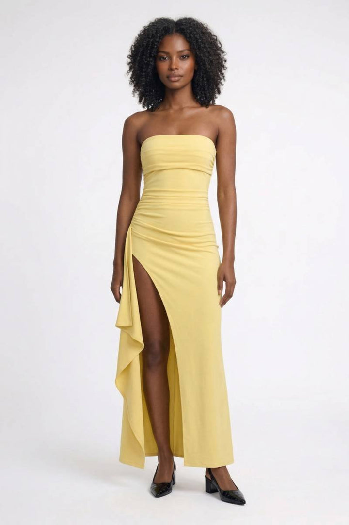 Maxi Dress Women - Strapless Side Slit Ruffle Detail | Elegant - Yellow