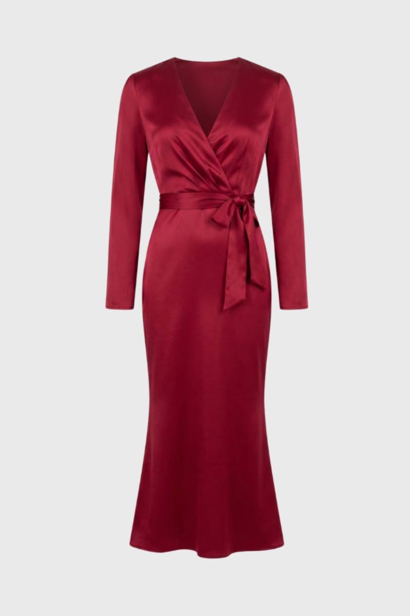 Maxi Dress Women - Wrap V-Neck Long Sleeve with Belt | Elegant — Red
