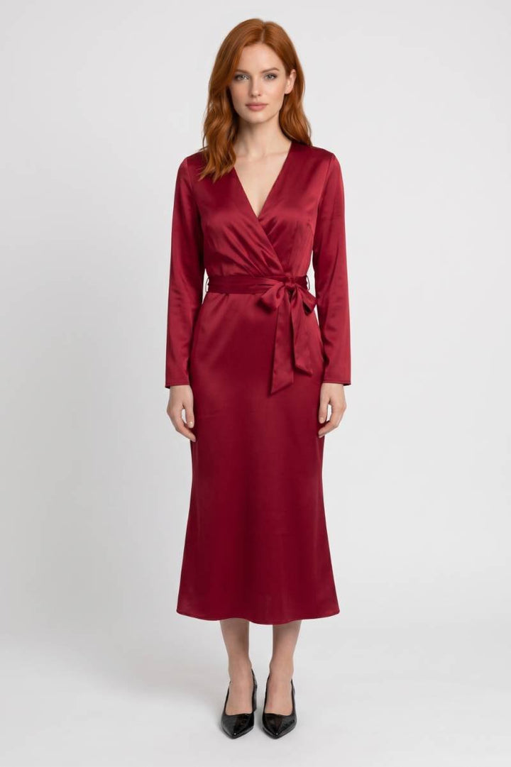 Maxi Dress Women - Wrap V-Neck Long Sleeve with Belt | Elegant — Red