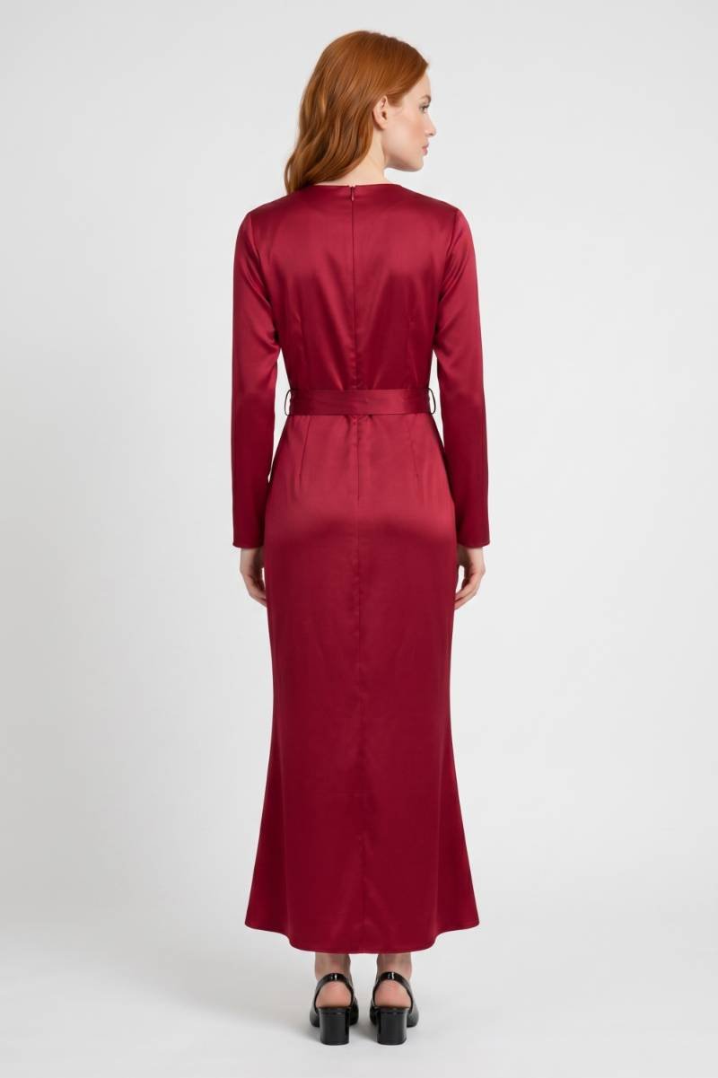 Maxi Dress Women - Wrap V-Neck Long Sleeve with Belt | Elegant — Red