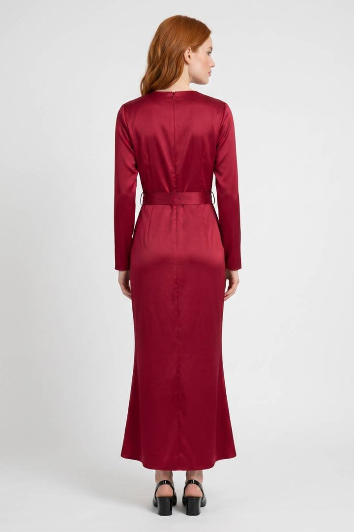 Maxi Dress Women - Wrap V-Neck Long Sleeve with Belt | Elegant — Red