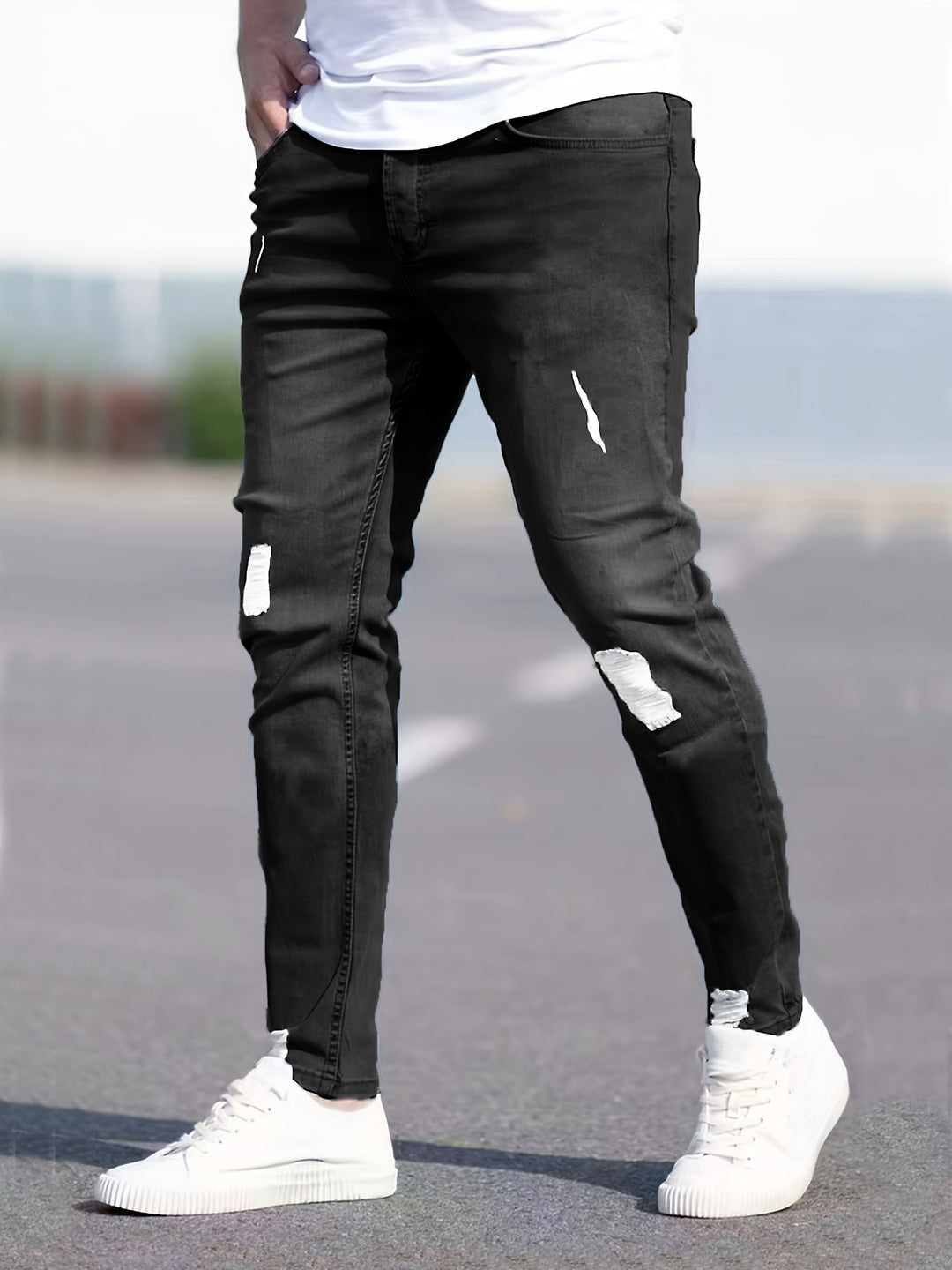 Men's Jeans - Skinny Fit Ripped with Light Washed Finish | Casual