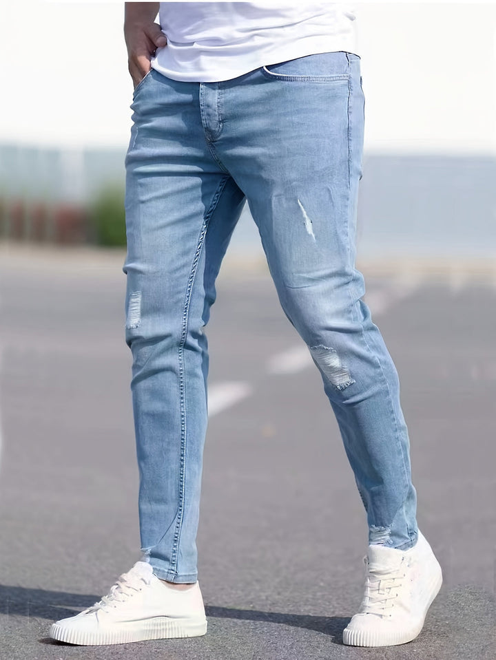 Men's Jeans - Skinny Fit Ripped with Light Washed Finish | Casual