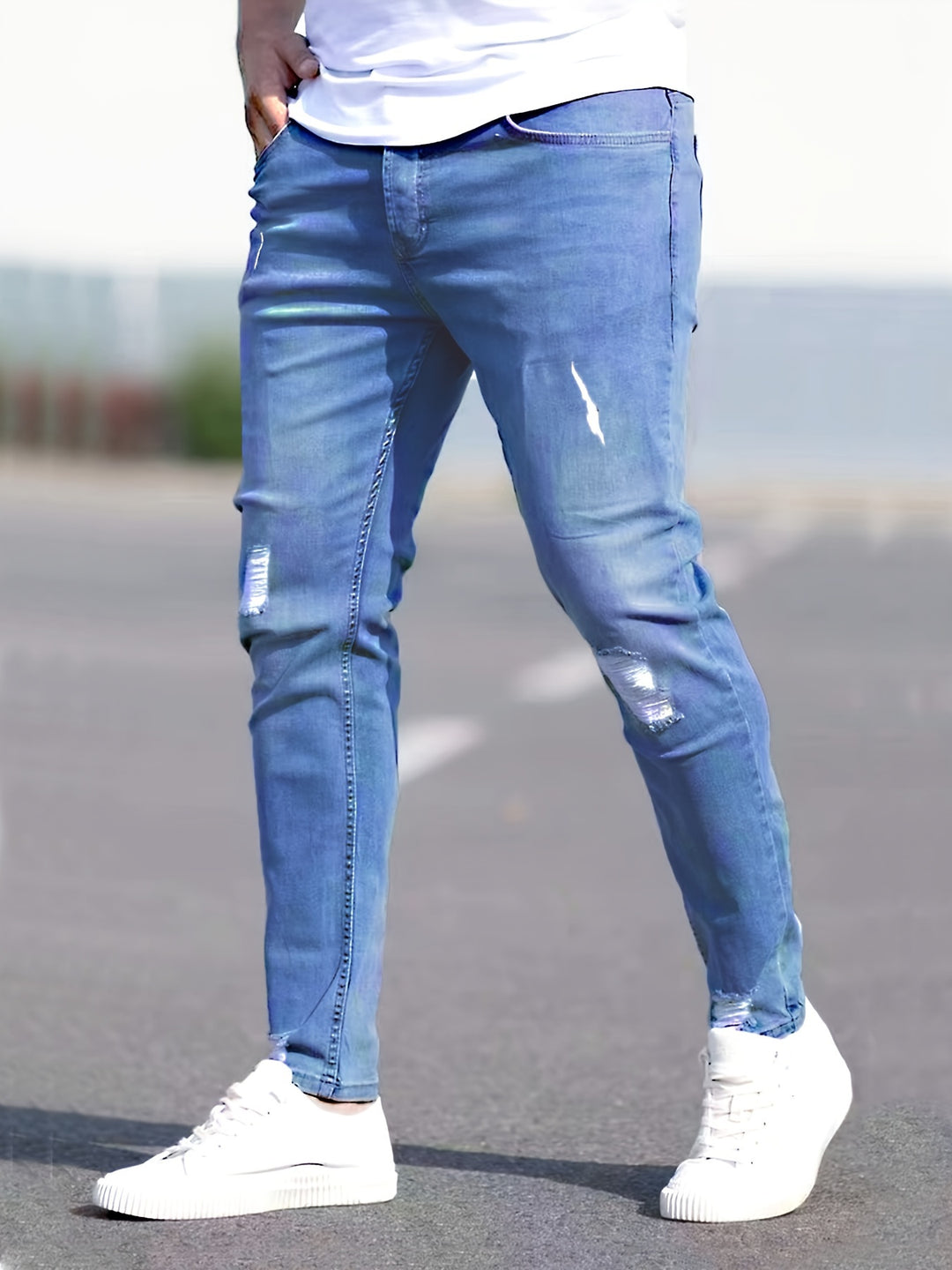 Men's Jeans - Skinny Fit Ripped with Light Washed Finish | Casual