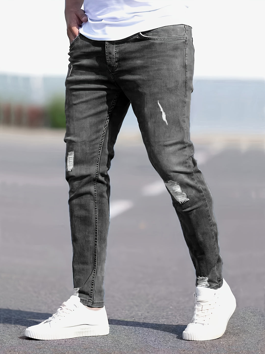 Men's Jeans - Skinny Fit Ripped with Light Washed Finish | Casual