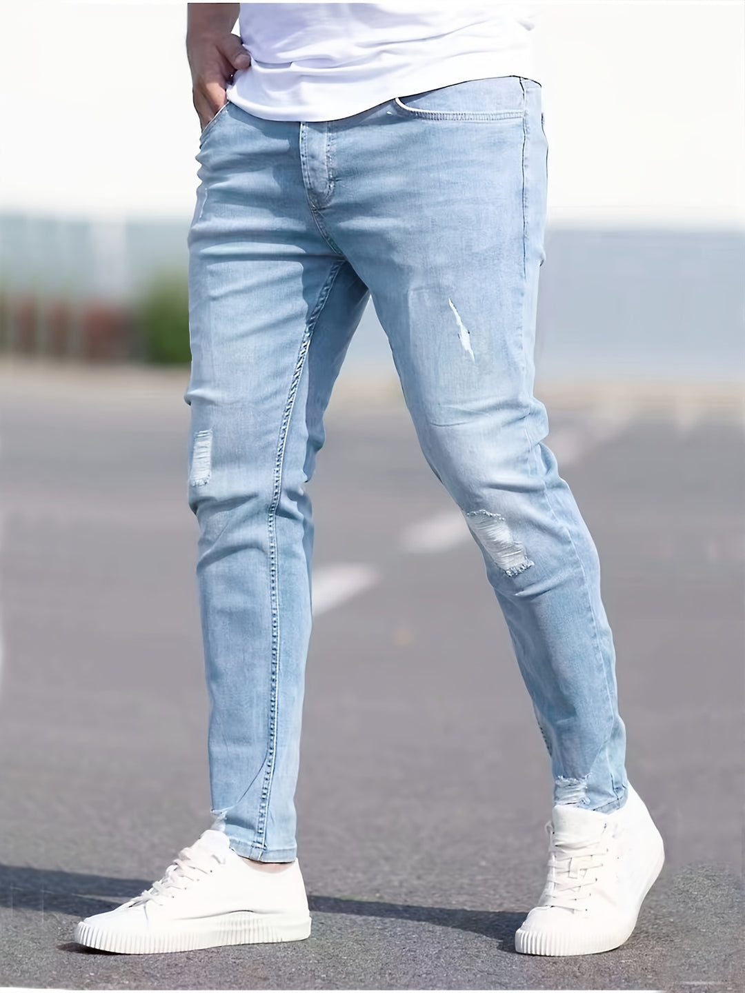Men's Jeans - Skinny Fit Ripped with Light Washed Finish | Casual
