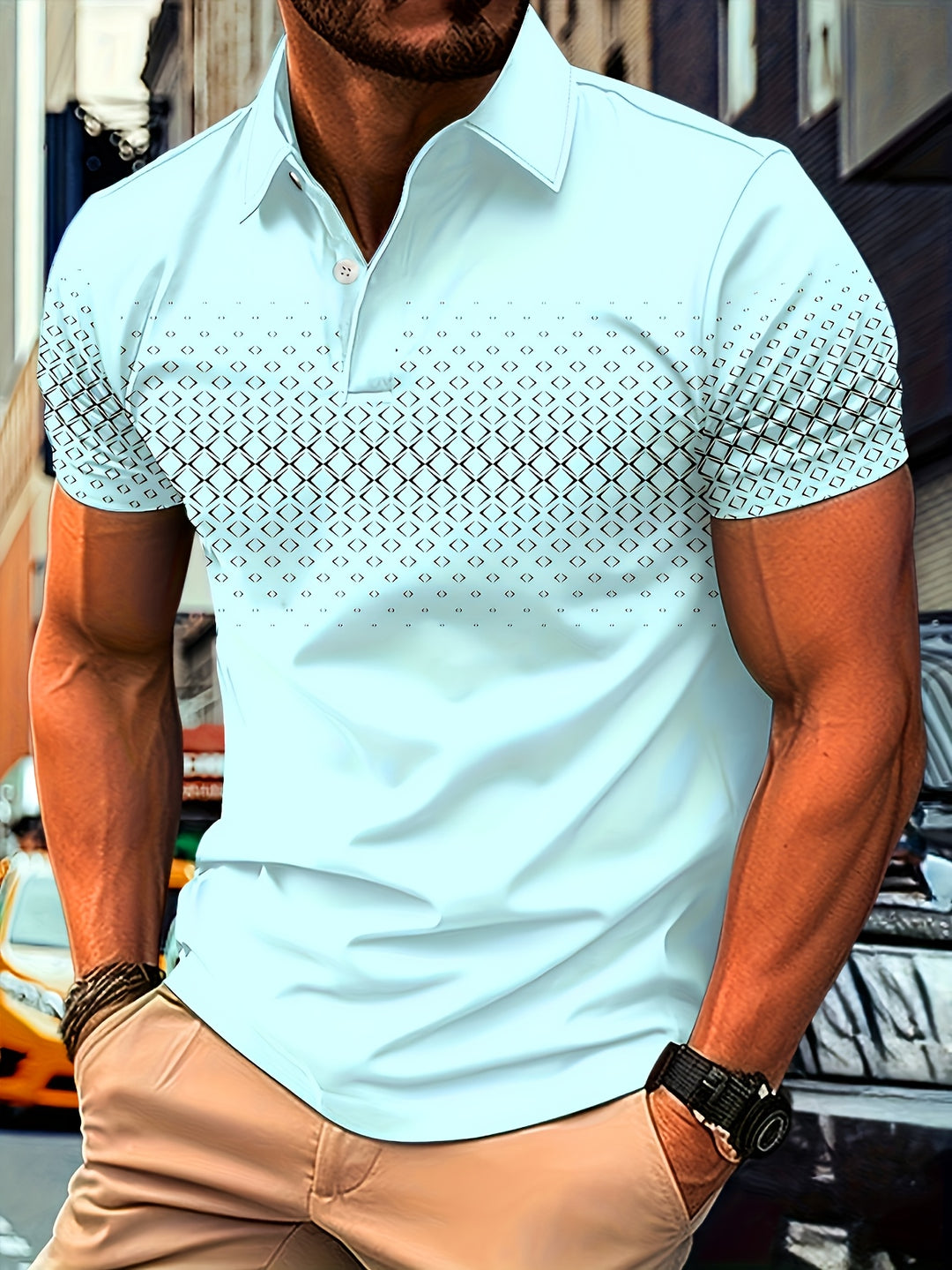 Polo Shirt Men - Slim Fit Short Sleeve with Geometric Print | Casual