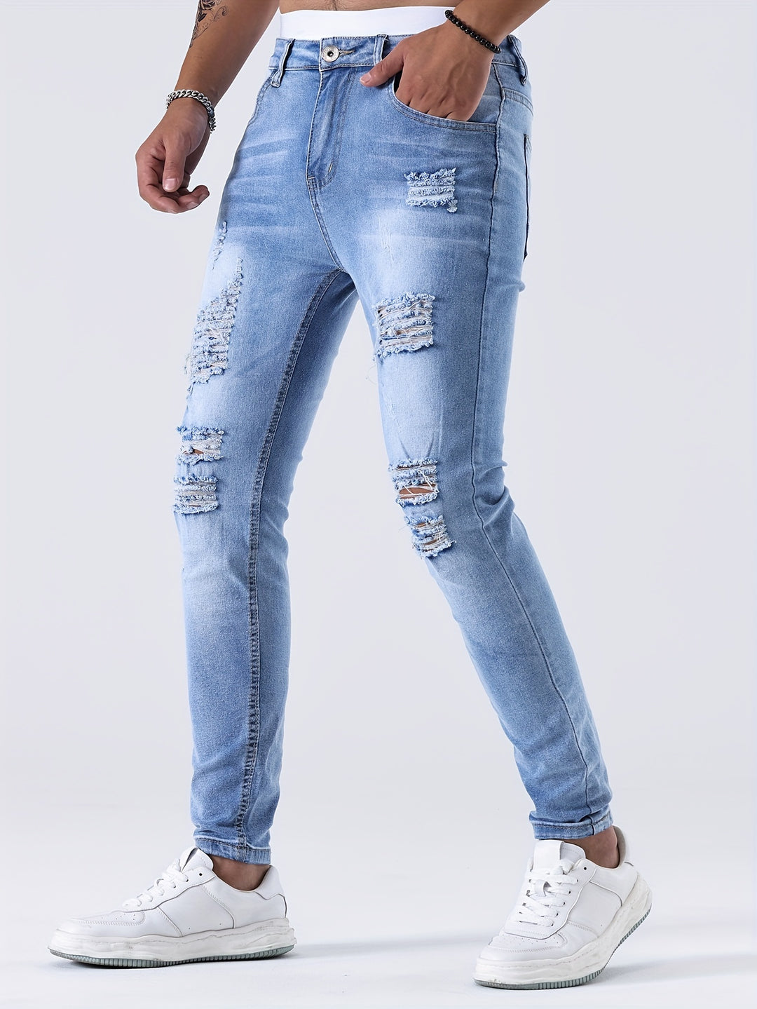 Men's Jeans - Skinny Fit Heavily Distressed Washed Finish | Casual