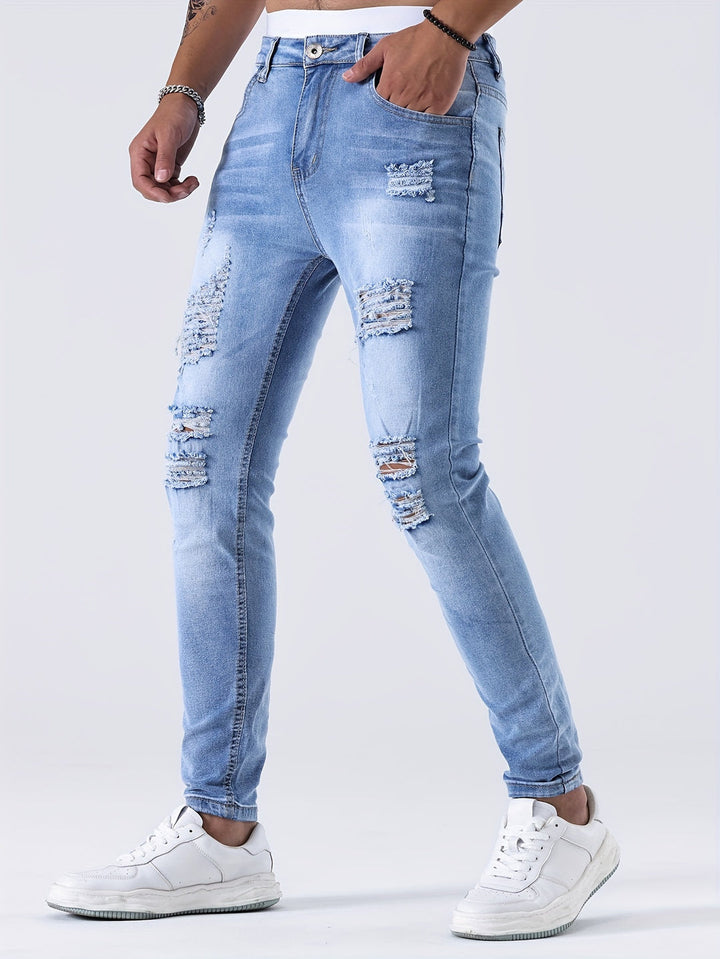 Men's Jeans - Skinny Fit Heavily Distressed Washed Finish | Casual