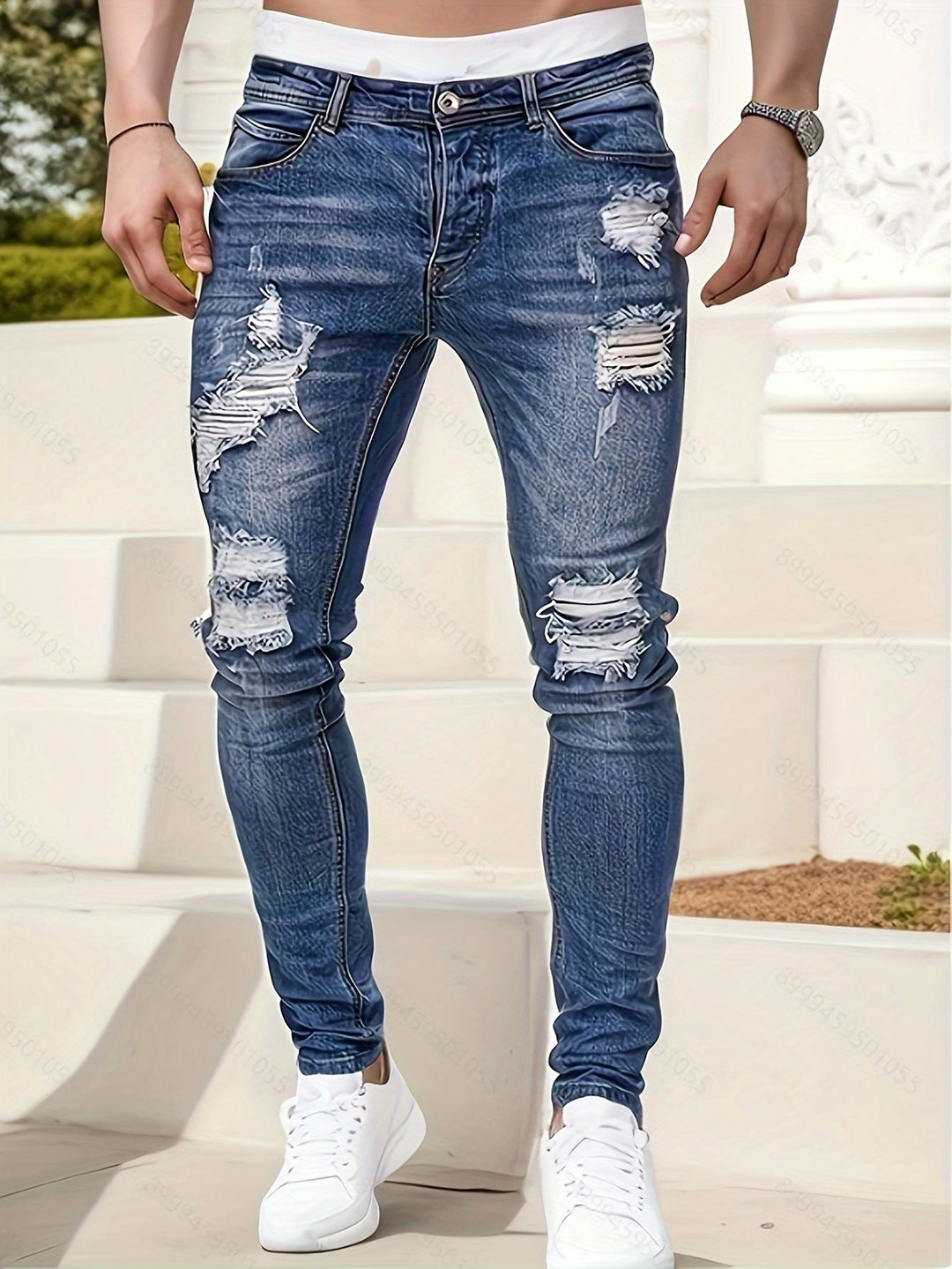 Men's Jeans - Skinny Fit Heavily Distressed Washed Finish | Casual