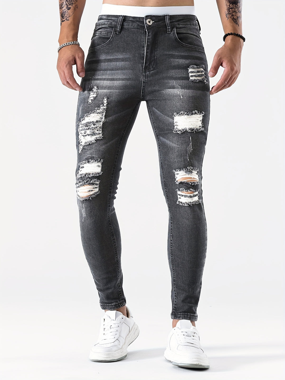 Men's Jeans - Skinny Fit Heavily Distressed Washed Finish | Casual
