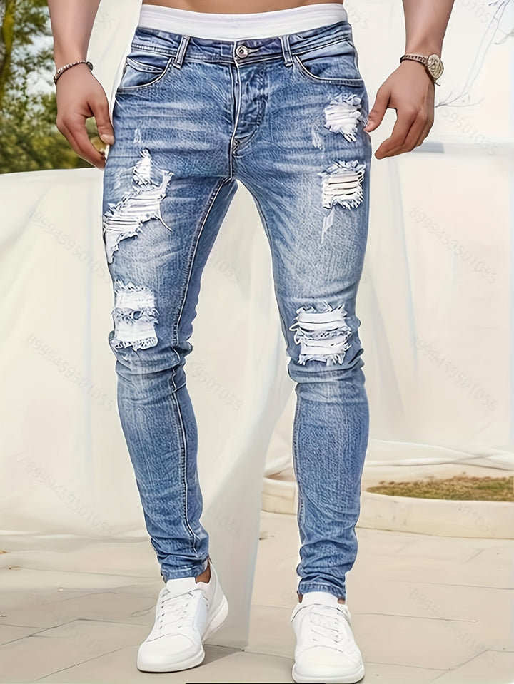 Men's Jeans - Skinny Fit Heavily Distressed Washed Finish | Casual