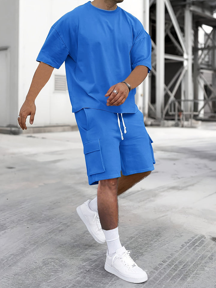 Men's Co-ord Set - Oversized Tee with Matching Cargo Shorts | Casual