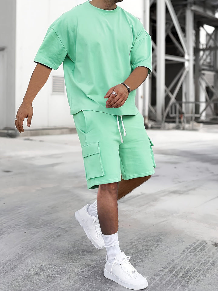 Men's Co-ord Set - Oversized Tee with Matching Cargo Shorts | Casual
