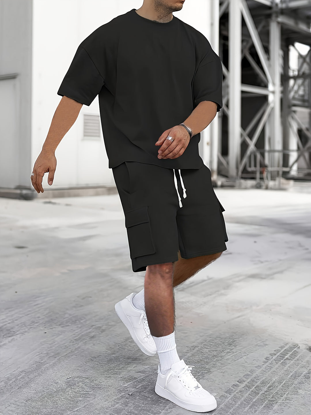 Men's Co-ord Set - Oversized Tee with Matching Cargo Shorts | Casual