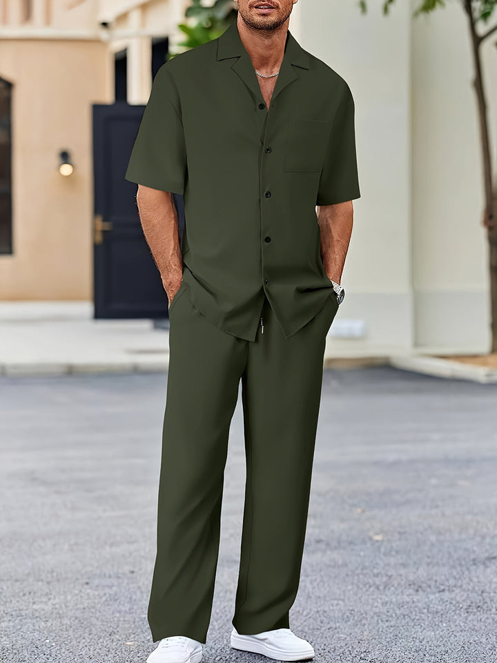 Men's Co-ord Set - Camp Collar Shirt with Wide Leg Trousers | Smart