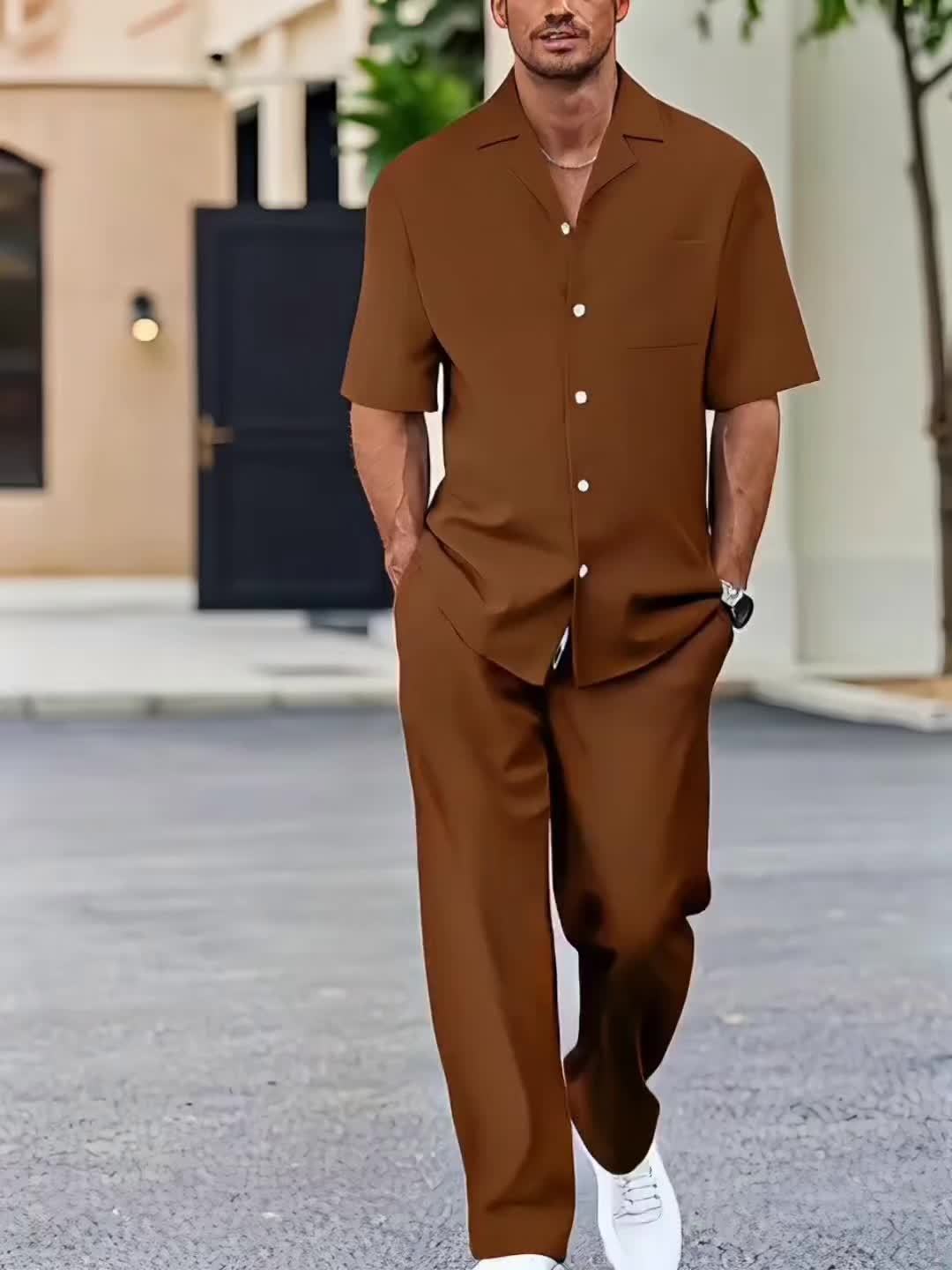 Men's Co-ord Set - Camp Collar Shirt with Wide Leg Trousers | Smart