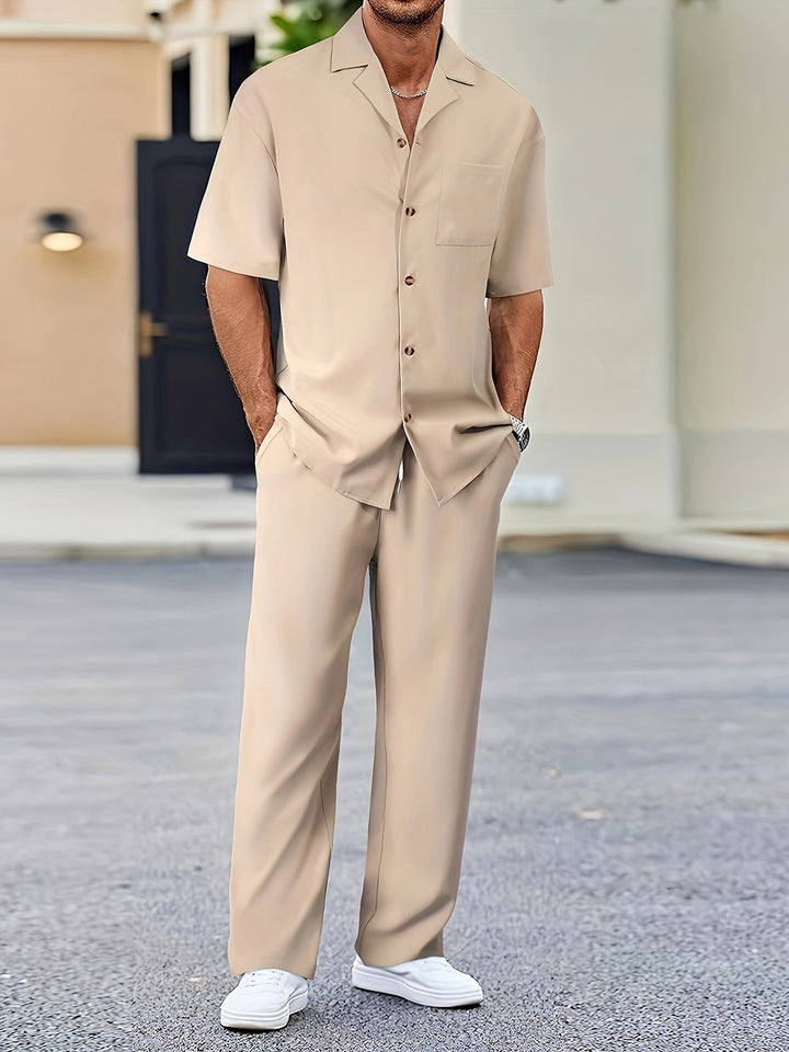Men's Co-ord Set - Camp Collar Shirt with Wide Leg Trousers | Smart