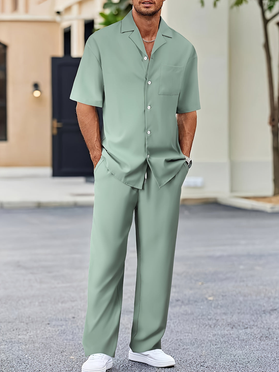 Men's Co-ord Set - Camp Collar Shirt with Wide Leg Trousers | Smart