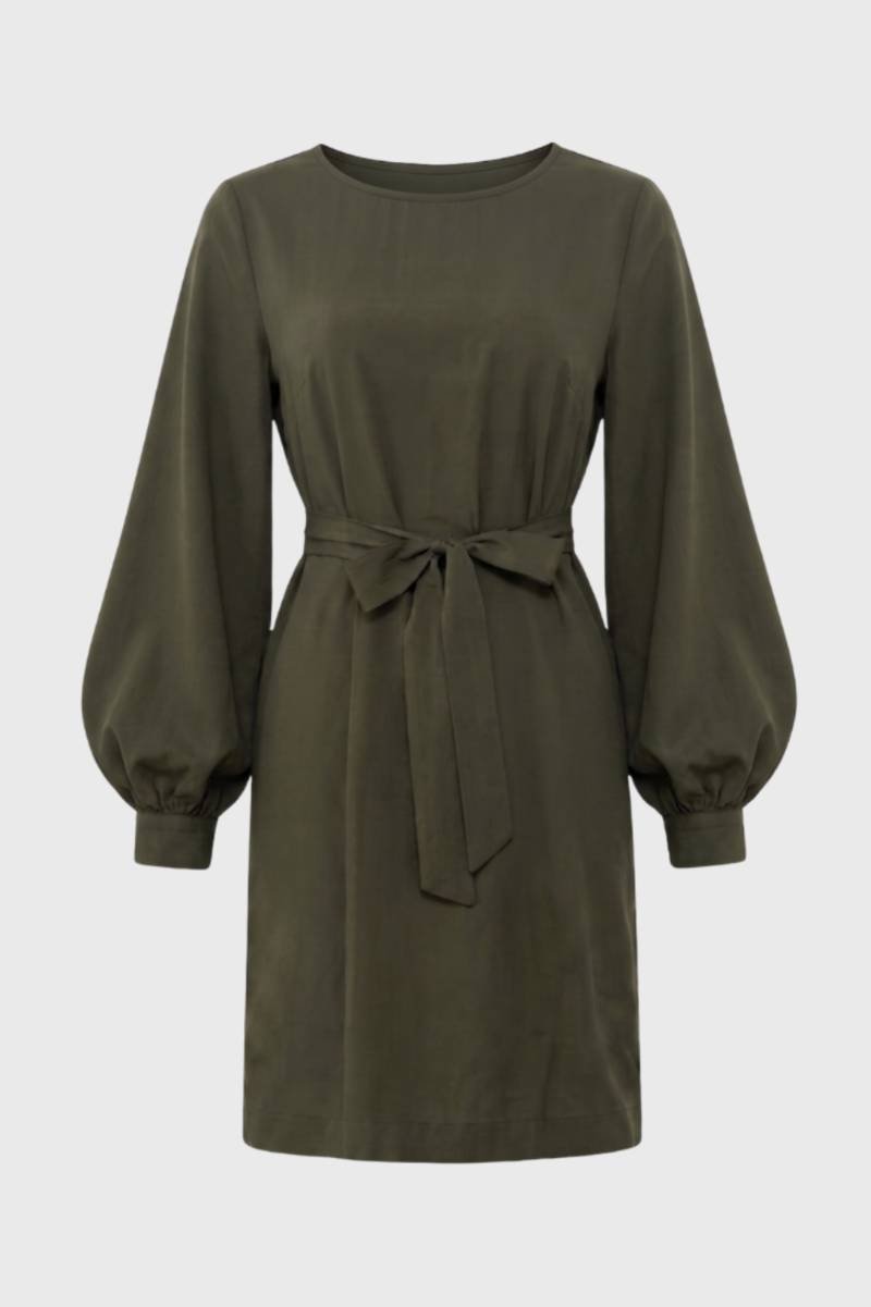 Midi Dress Women - Balloon Sleeve Tie Waist | Elegant — Olive