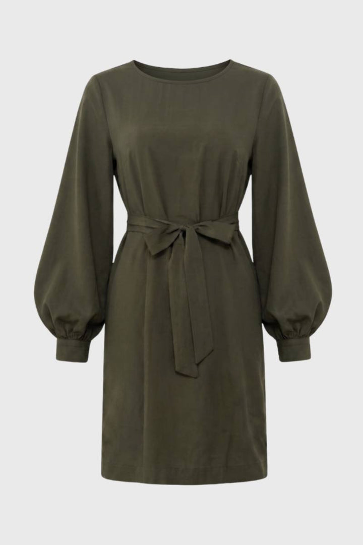 Midi Dress Women - Balloon Sleeve Tie Waist | Elegant — Olive