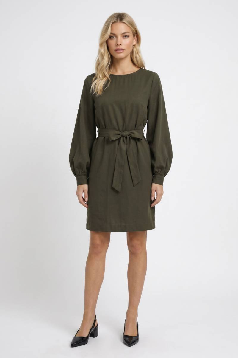 Midi Dress Women - Balloon Sleeve Tie Waist | Elegant — Olive