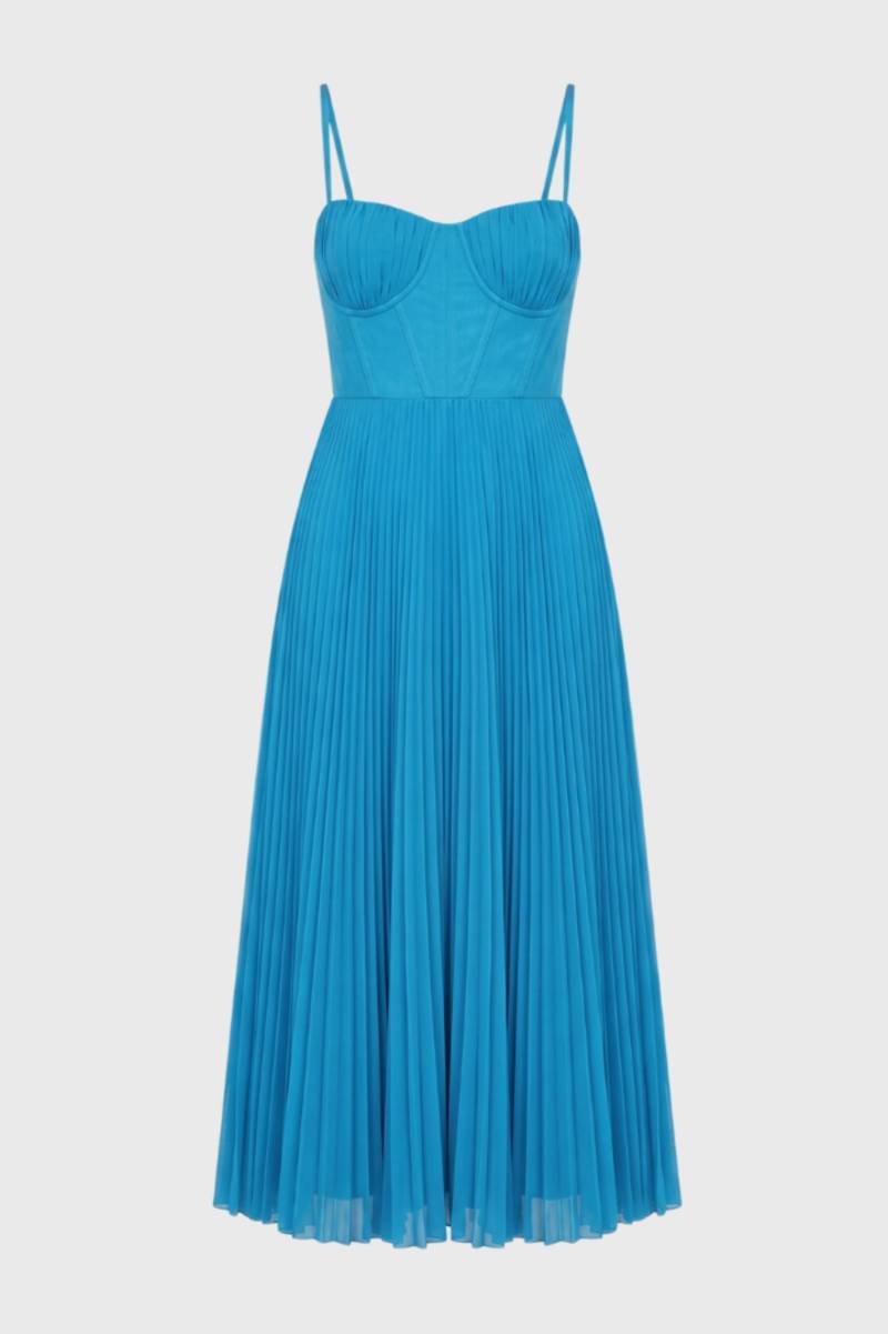 Midi Dress Women - Bustier Pleated with Adjustable Straps | Elegant — Blue