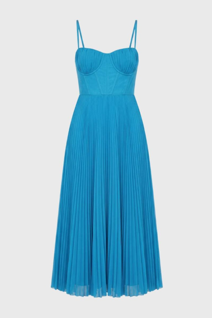 Midi Dress Women - Bustier Pleated with Adjustable Straps | Elegant — Blue