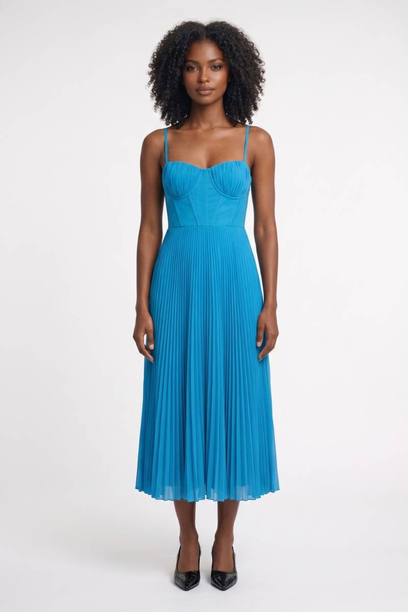 Midi Dress Women - Bustier Pleated with Adjustable Straps | Elegant — Blue