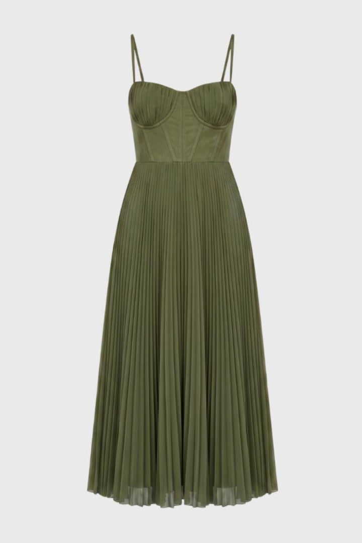 Midi Dress Women - Bustier Pleated with Adjustable Straps | Elegant — Olive