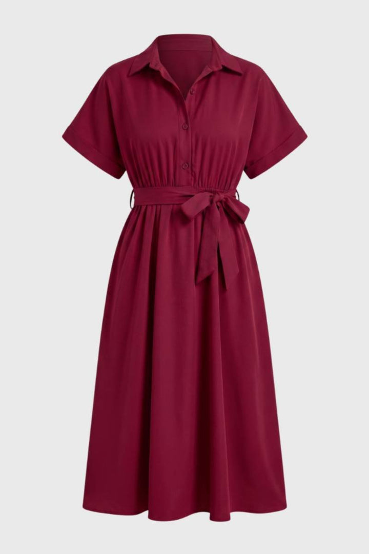 Midi Dress Women - Button Down Belted | Collar Shirt Style — Wine