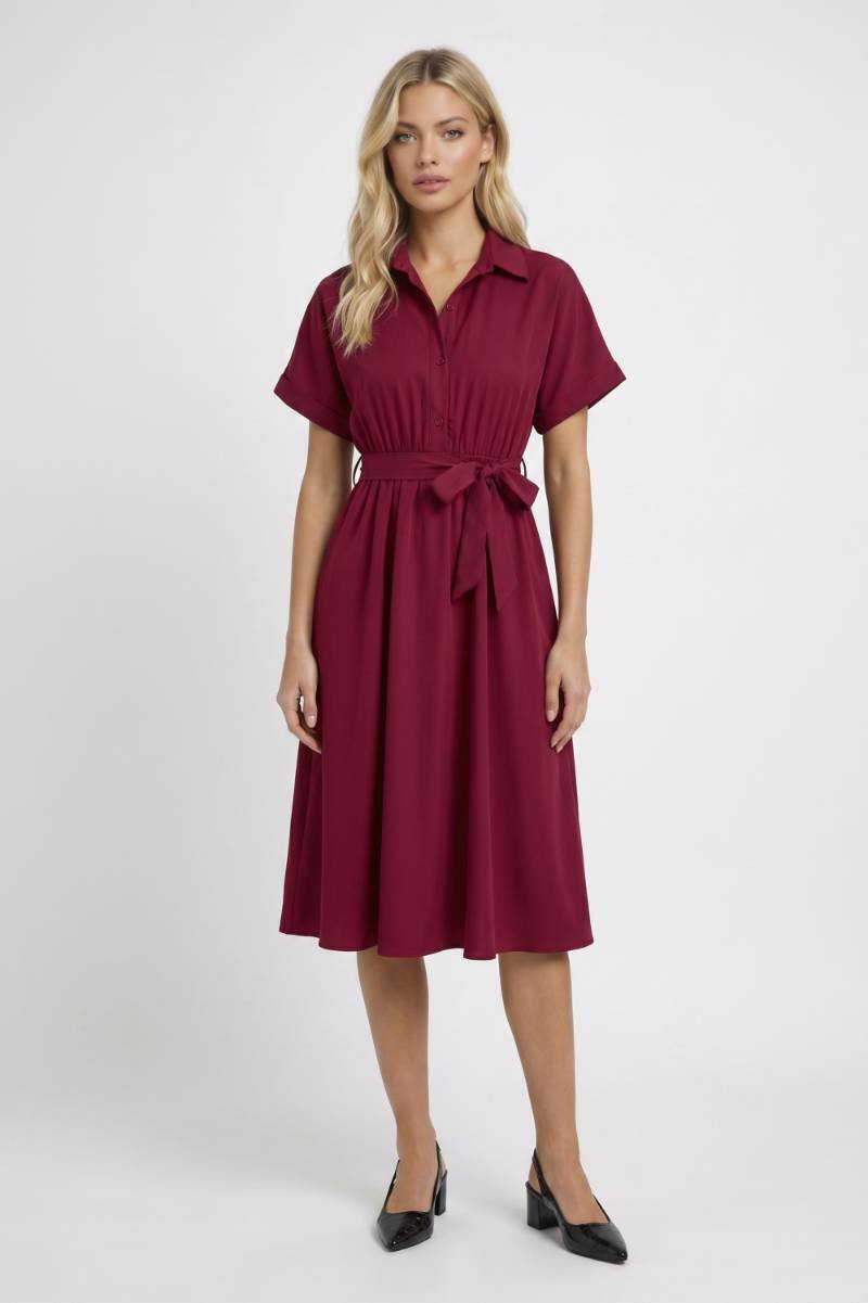 Midi Dress Women - Button Down Belted | Collar Shirt Style — Wine