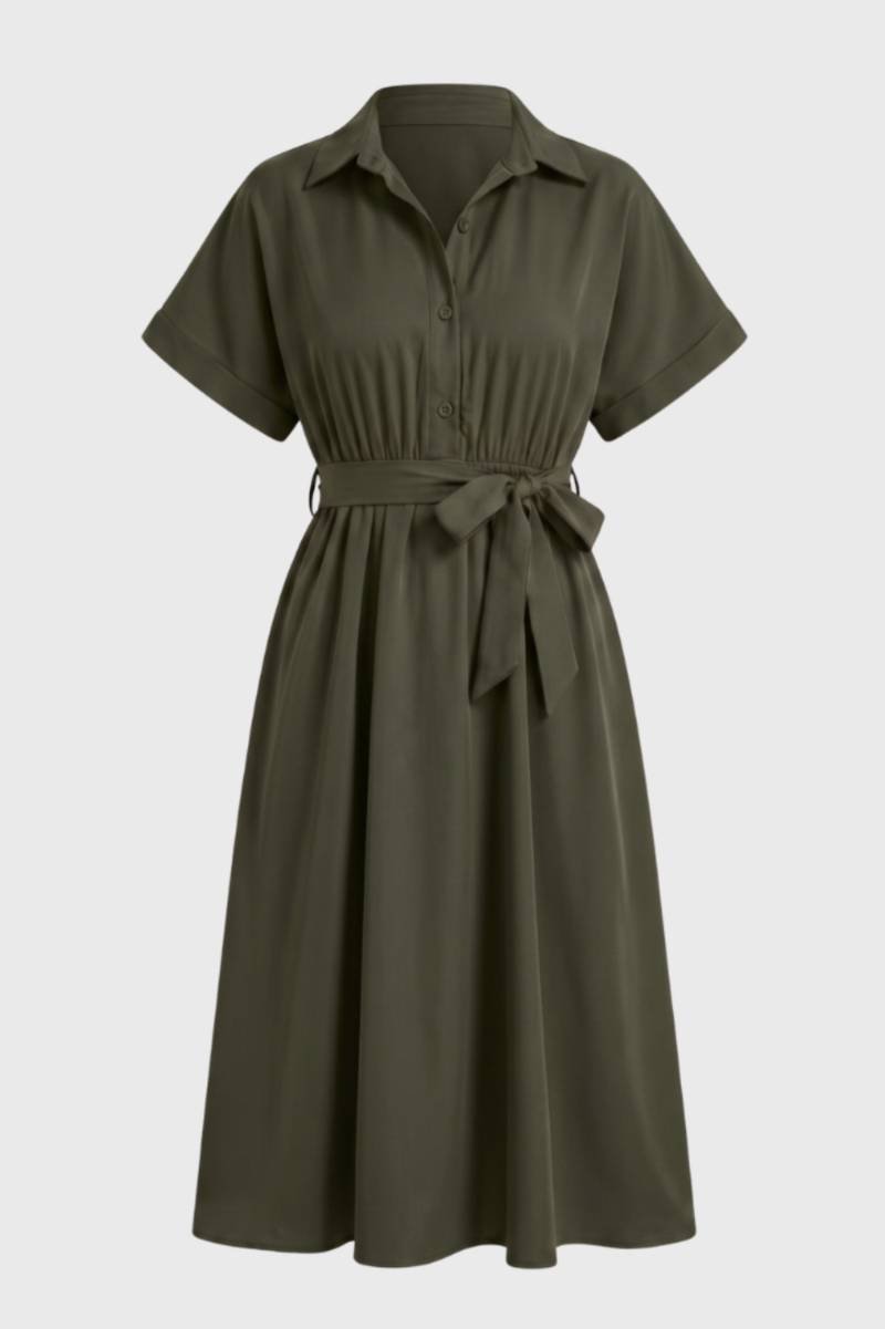 Midi Dress Women - Button Down Belted | Collar Shirt Style — Olive