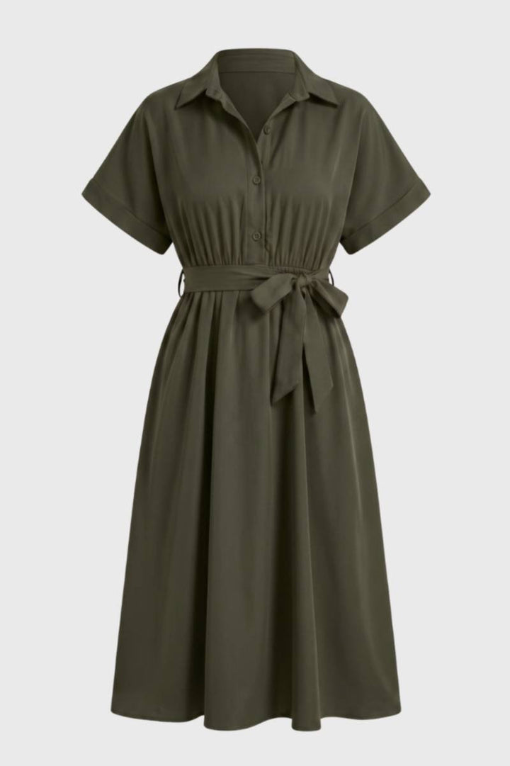 Midi Dress Women - Button Down Belted | Collar Shirt Style — Olive