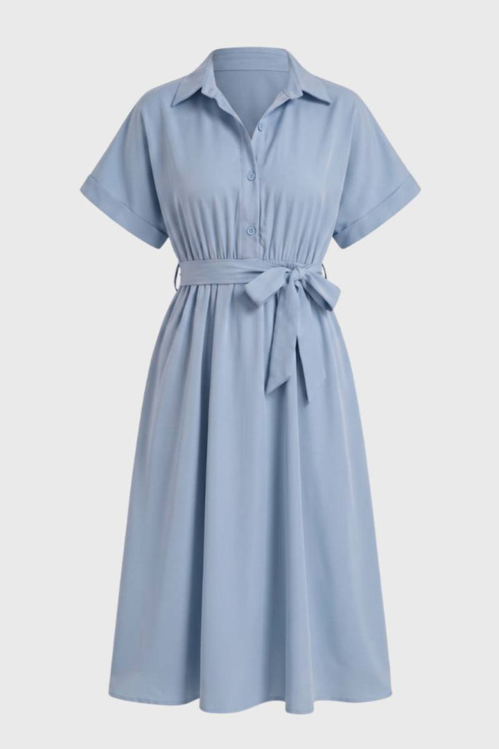Midi Dress Women - Button Down Belted | Collar Shirt Style — Light Blue