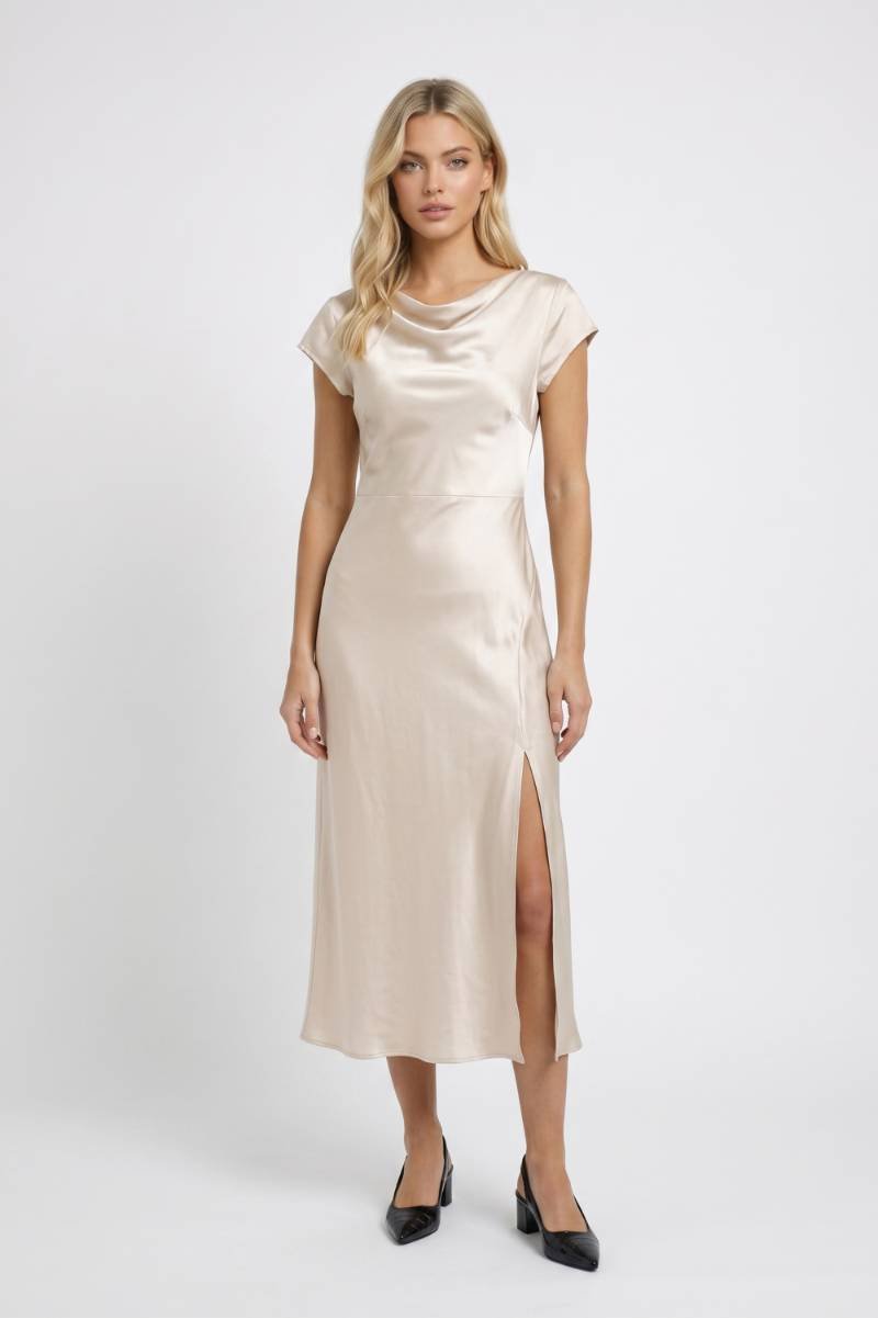 Midi Dress Women - Cowl Neck Side Slit | Elegant — Champagne